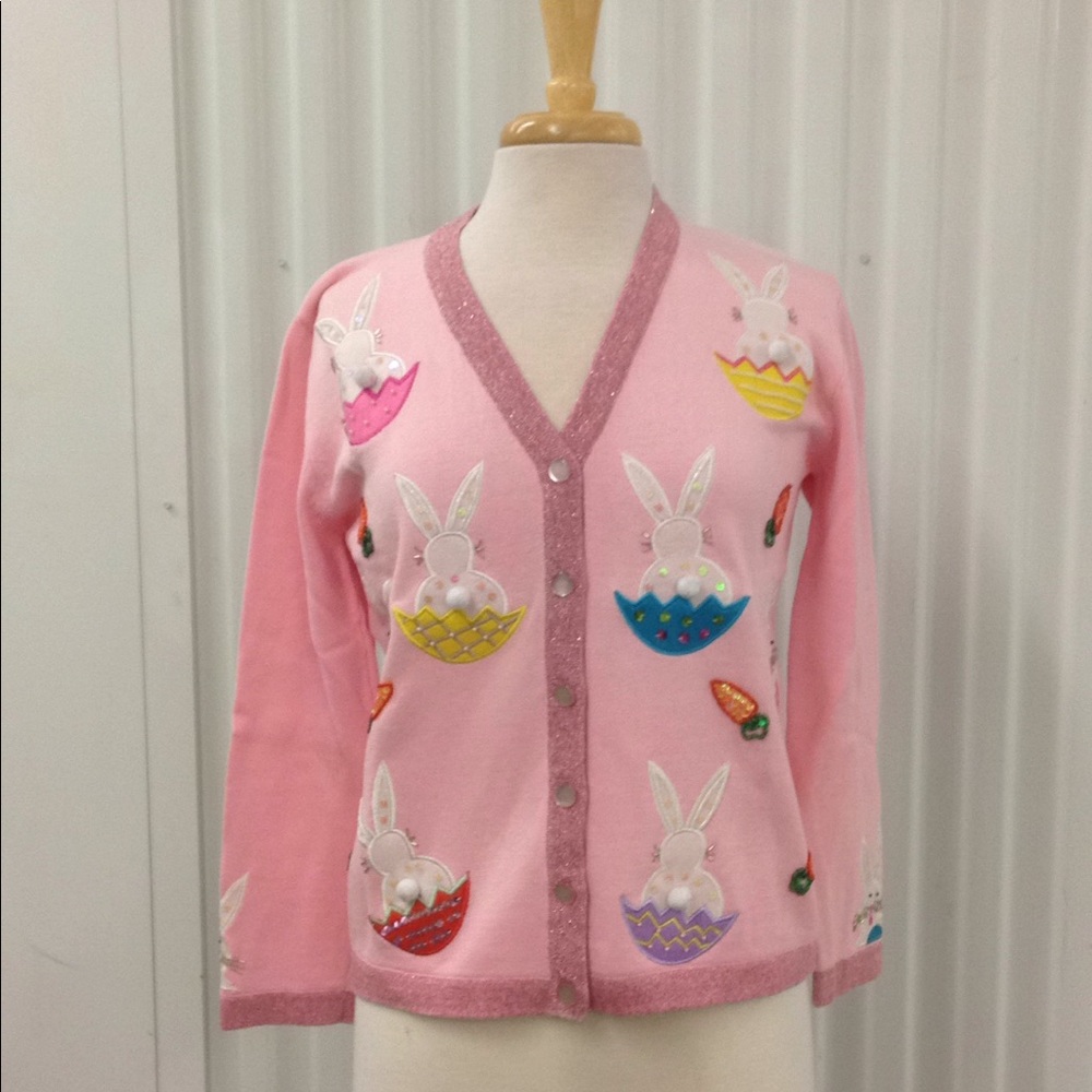 Sweater With Easter Bunnies on a V Neck Cardigan